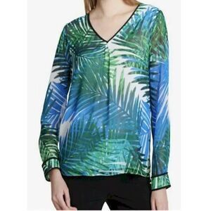 Calvin Klein Tropical Long Sleeve Chiffon Pleated V Neck Crepe Top Blouse L
